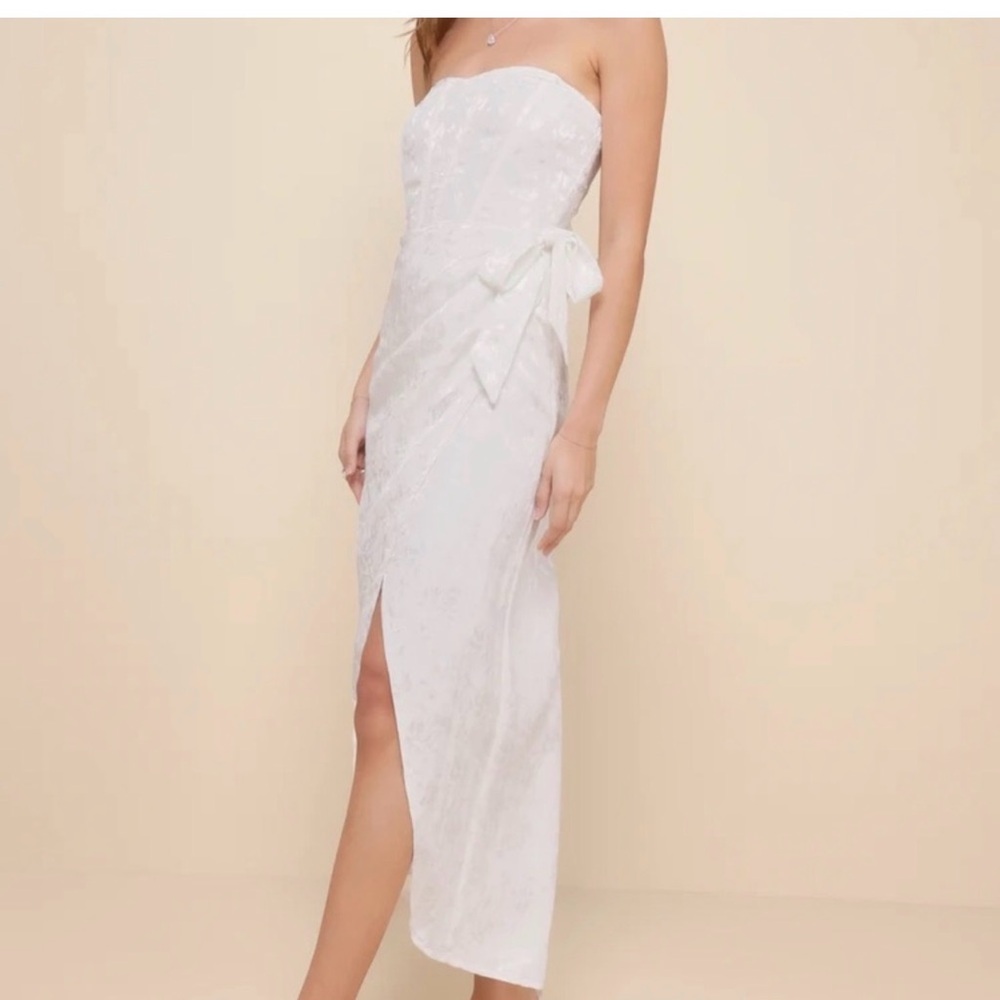 Lulu's White Strapless Lace Midi Dress with Side Bow